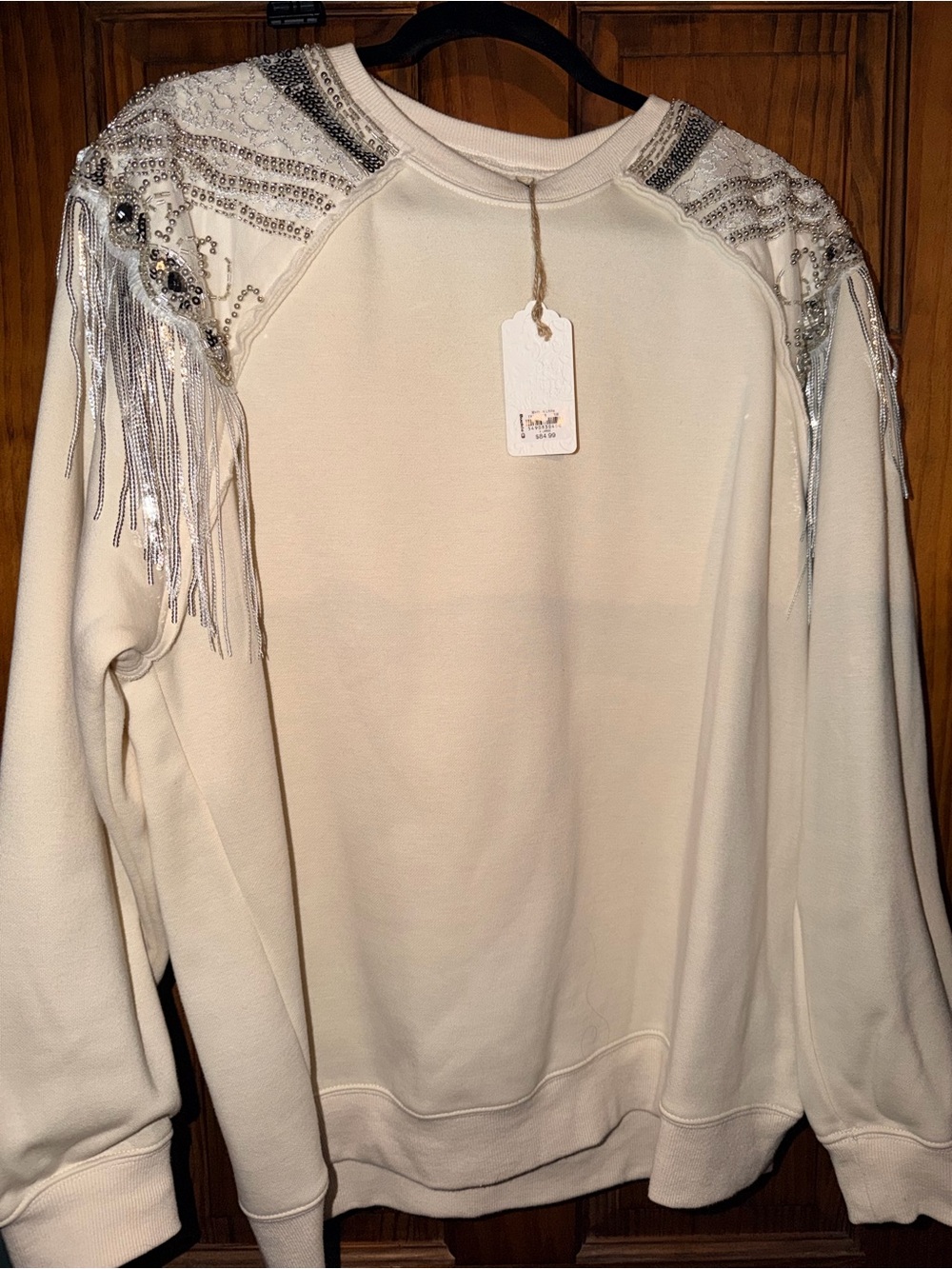 Embellished Sweatshirt - Ivory with Silver Beaded Fringe by Sterling & Stitch